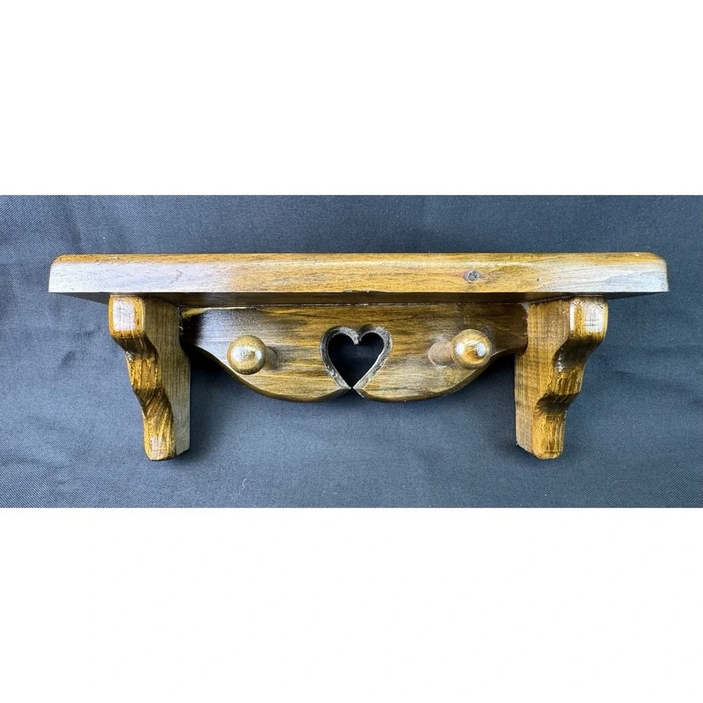 VTG Brown Stained Wooden Wall Shelf Hand Crafted Heart Cutout 2 Pegs